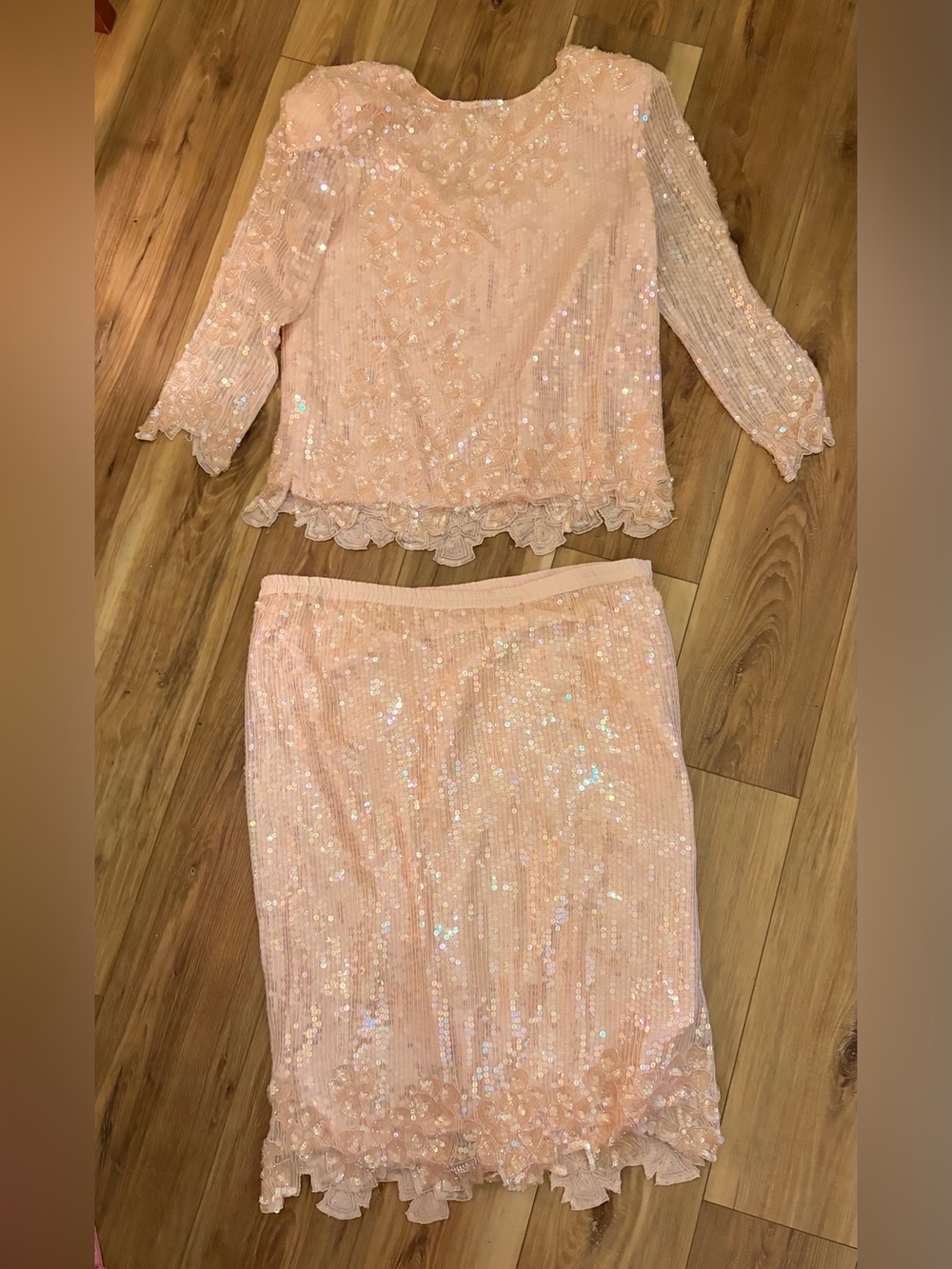 Vintage 80s 90s Pink Silk Sequin 2 Piece Set Beaded Floral Skirt Top